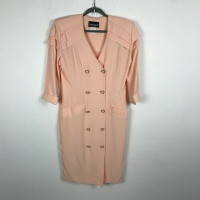 Vintage 1980s Brioche Sheath Dress Size L Peach 3/4 Sleeve Acetate Blend