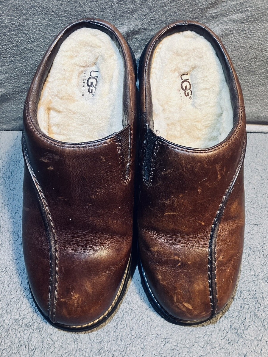 UGG 5348 Midtown Brown Leather Mule Clogs Shearling Lined