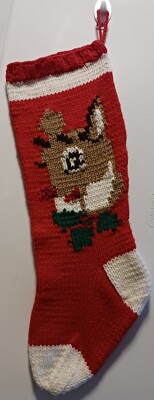 Hand Knit Christmas Stocking  Reindeer Face Will Personalize For Free