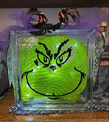 Mr GRINCH Green LIGHT Up  Glass Block Light Decor