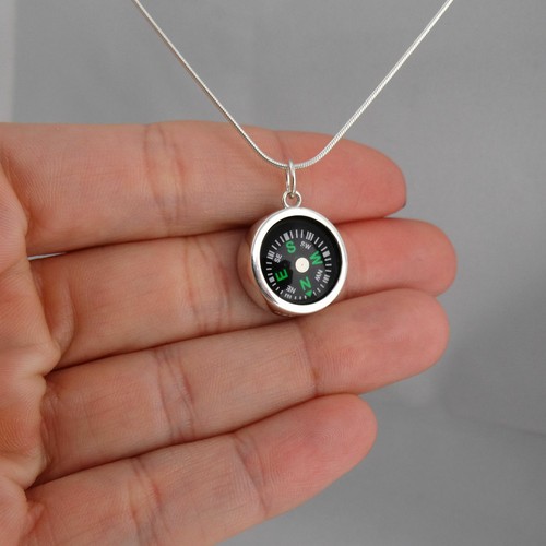 Round Working Compass Necklace - 925 Sterling Silver with 18" Snake Chain