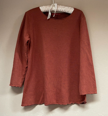 Cut Loose Womens Round Neck Ribbed Knit Top Large Rust Cotton Rayon 3/4 Sleeve