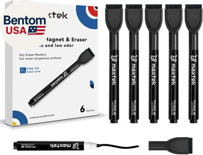 Magnetic Black Dry Erase Markers, 6 Count Fine Tip Whiteboard Markers with Erase