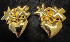 Elegant VTG Christian Lacroix Gold Plated Hearts & Stars Clip On Earrings Signed