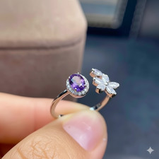 925 Sterling Silver Amethyst Open Ring Adjustable Purple Gemstone Flower Leaf CZ