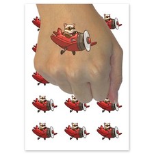 Cartoon Airplane Cat Pilot Aircraft Temporary Tattoo Fake Body Art