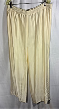 100 Crinkle Silk Pants Sz XL Cream Wide Leg Hong Kong Vintage 90s Elastic Waist