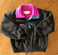 Vintage Columbia Womens Coat Sz L Black Purple Teal Radial Sleeve Dbl Insulation