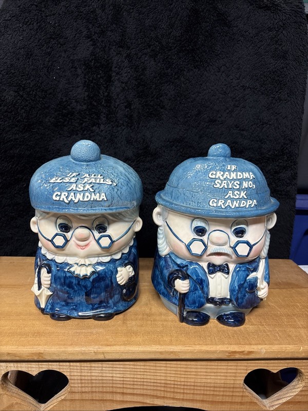 Set Of  Ask Grandma & Ask Grandpa Cookie Jars Enesco Japan No Chips