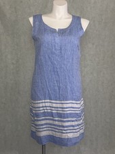 Talbots Linen Sleeveless Dress Size 14 Blue White Stripe Knee Length