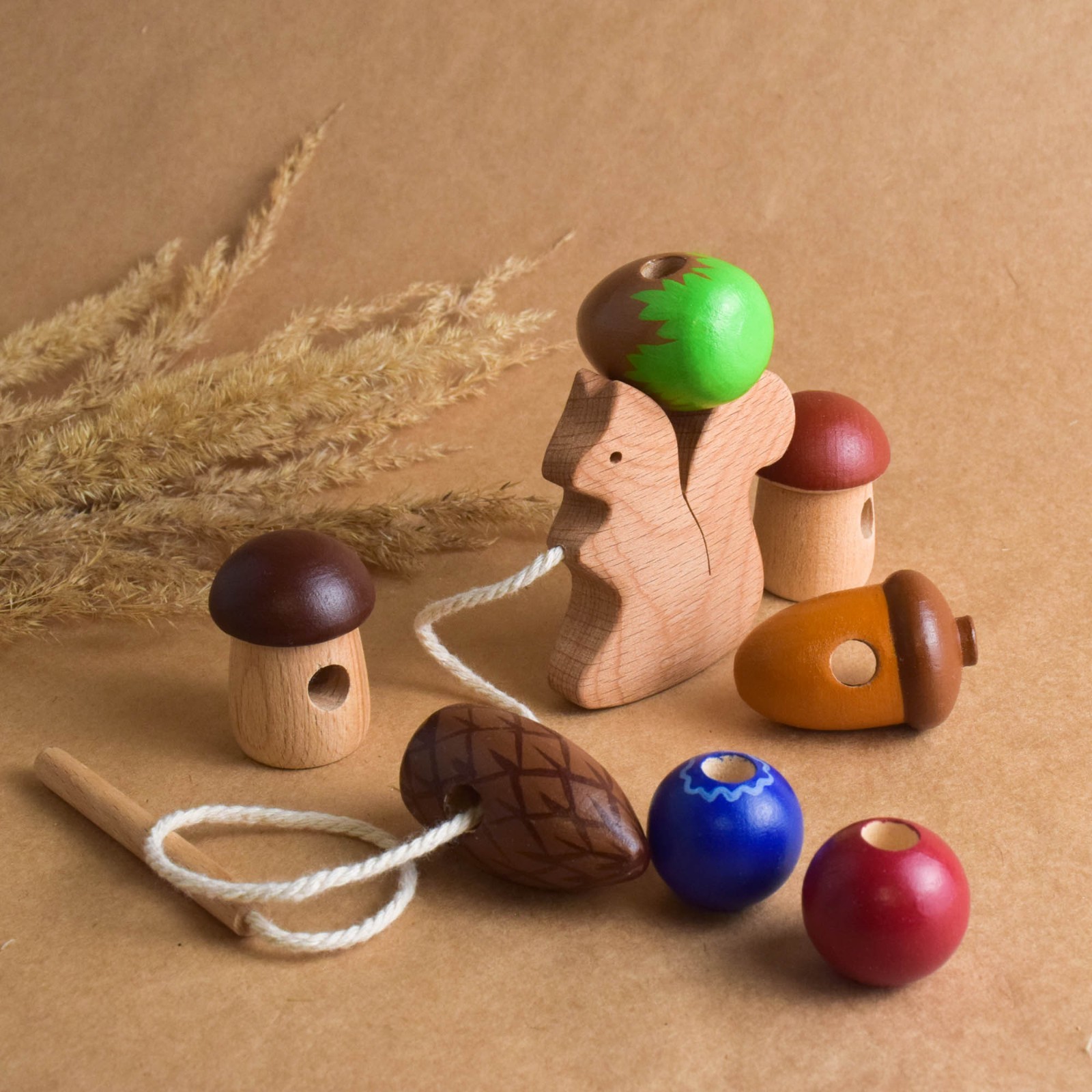 Wooden Lacing Toy Squirrel Montessori Baby Materials Learning for Children