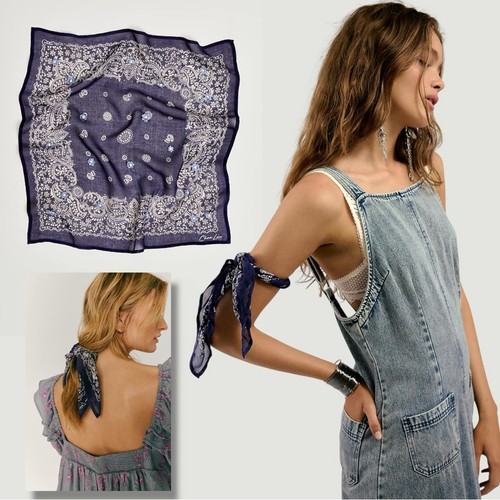 Free People Chan Luu Gone Upstate Bandana Blue NWT Bohemian Embroidered Floral