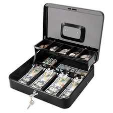 Secure Cash Box with Key Lock - Durable Steel, Spill-Proof Coin Tray, Portable C