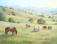 Morning Pasture ORIGINAL Oil Painting Impressionism Horses Field Sunrise 11"x14"
