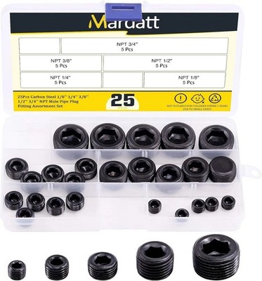 25Pcs NPT Plug Set Pipe Plug Assortment Kit 1/8'' 1/4'' 3/8'' 1/2'' 3/4'' Carbon Stee