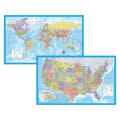 #ad Juego de pósteres de mapa del mundo laminado y mapa de EE. UU. para pared $15.99