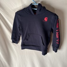 Carhartt Hoodie Kids 5 Navy Pullover Kangaroo Pocket Sleeve Spell Out Workwear