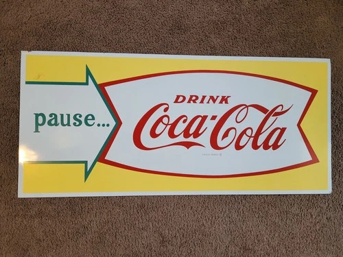 Vintage Coca Cola Fishtail Tin Sign 40" Pause Drink Coca Cola! Lot 1