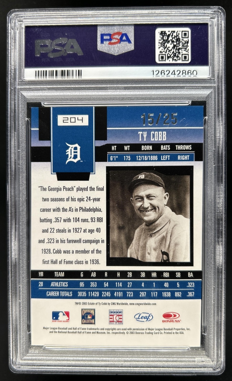 2003 Leaf Certified Materials Ty Cobb Mirror Gold #/25 Tigers PSA 9 view 2