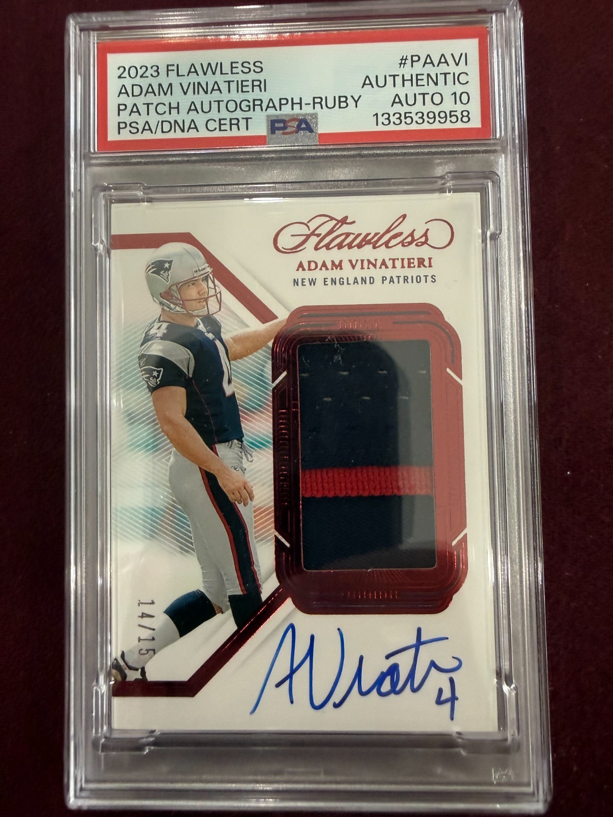 Adam Vinatieri 2023 Flawless Ruby Patch On Card Auto 14/15 PSA 10 Auto Grade