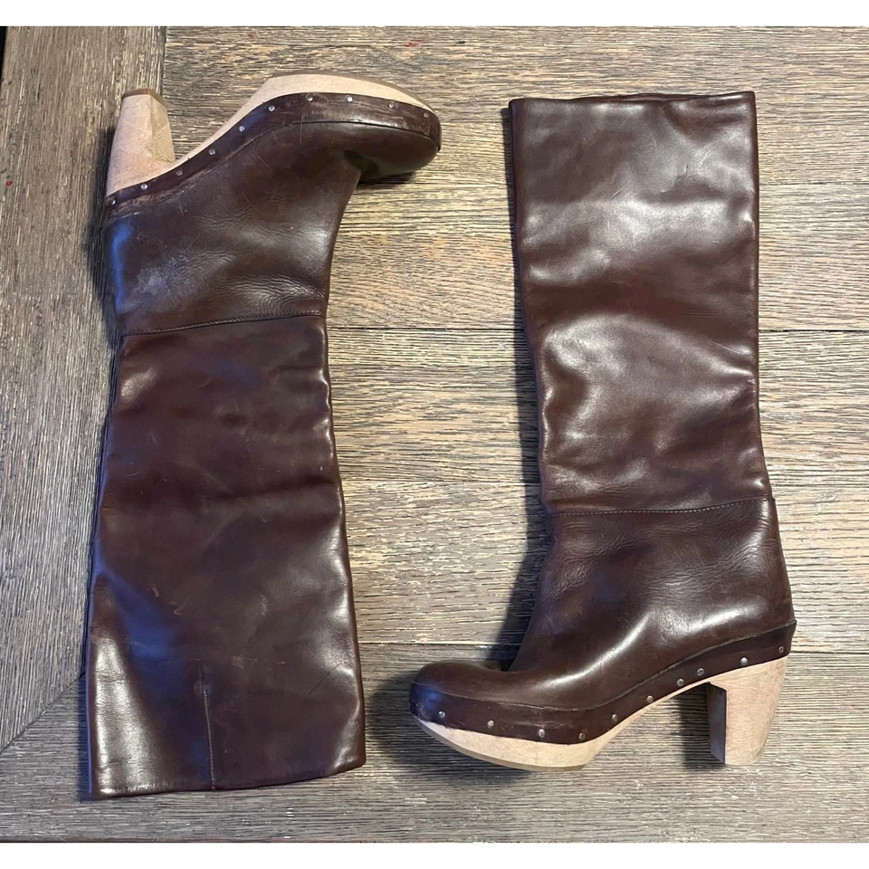 Botas zuecos de cuero marrón para mujer Marni apiladas tacón de madera hechas en Italia 37 Foto 2 de 4