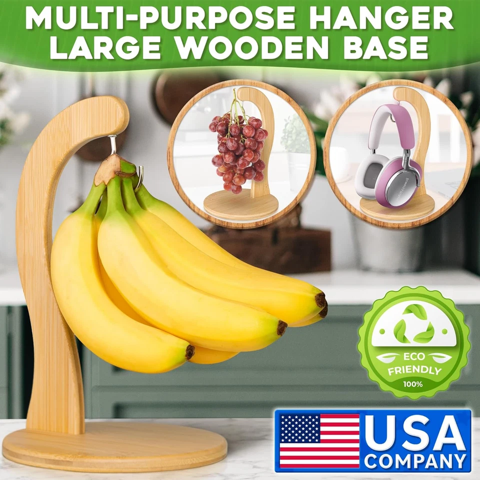 Soporte para plátano con gancho colgante, soporte de uva de madera rústica para encimera de cocina,  Foto 2 de 4