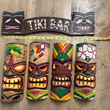 SET OF 5 -12" TIKI MASK HAWAIIAN WALL ART and TIKI BAR SIGN