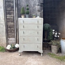 Handsome Grey Hand Painted Vintage 5 Drawer Art Deco Tallboy Chest of Drawers
