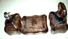 vintage ornate floral metal and glass footed dresser set of 3 pieces pink Italy