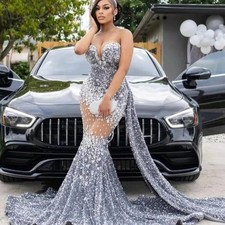 Silver Crystal Beaded Mermaid Evening Dress Sleeveless Shining Glitter Ball Gown