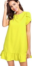 Women's Yellow Round Neck Petal Short Sleeve Ruffle Hem Tunic Dress Size Small