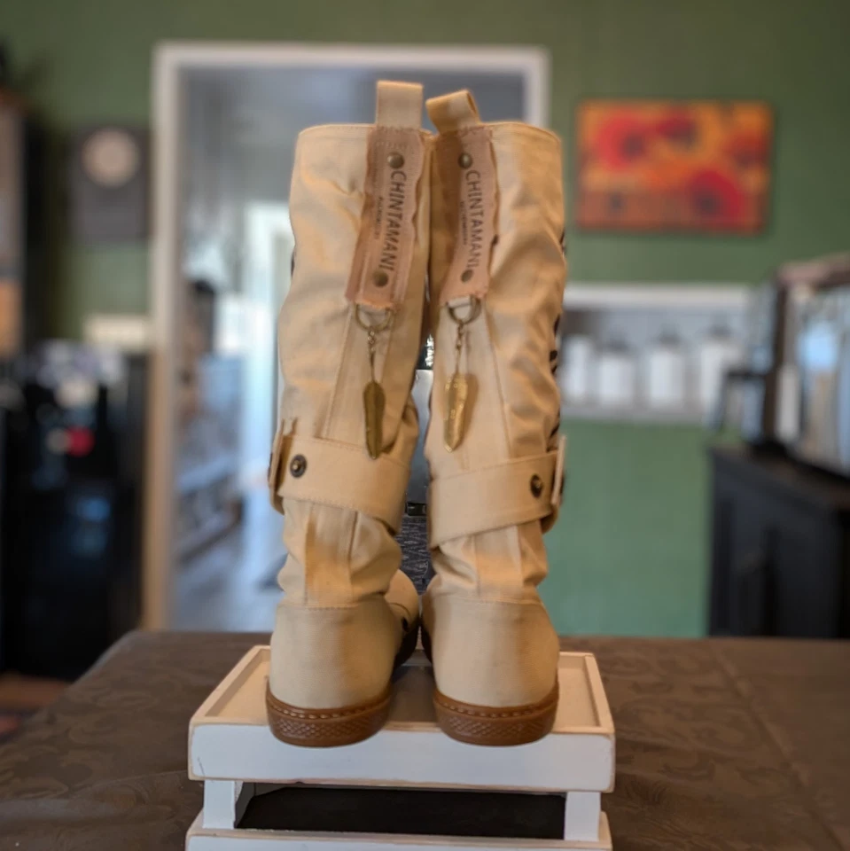 Chintamani Flower of Life Beige Handmade Canvas Boots Size 39 NEW - Image 4 of 4