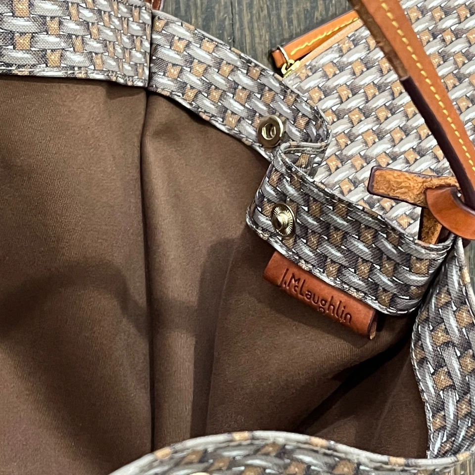 Bolso de Mano J.McLaughlin Algodón Sarga Marrón Borde Cesta Tejido y Bolsa Ecuestre Foto 2 de 4