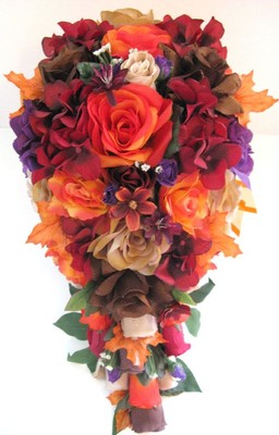 17 Piece Bridal Bouquets Wedding Silk Flower Orange Red Brown
