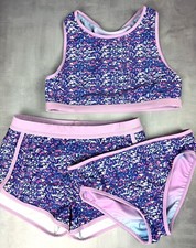 Eddie Bauer Girls 3 Piece Reversible Swim Set Top Bikini Shorts 14/16 EUC 0197