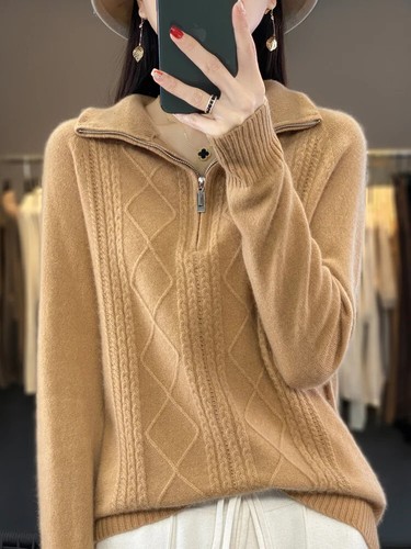 Damen 100% Merinowolle Pullover Reißverschluss offener Ausschnitt Pulli Herbst Winter Strick Tops - Bild 1 von 29