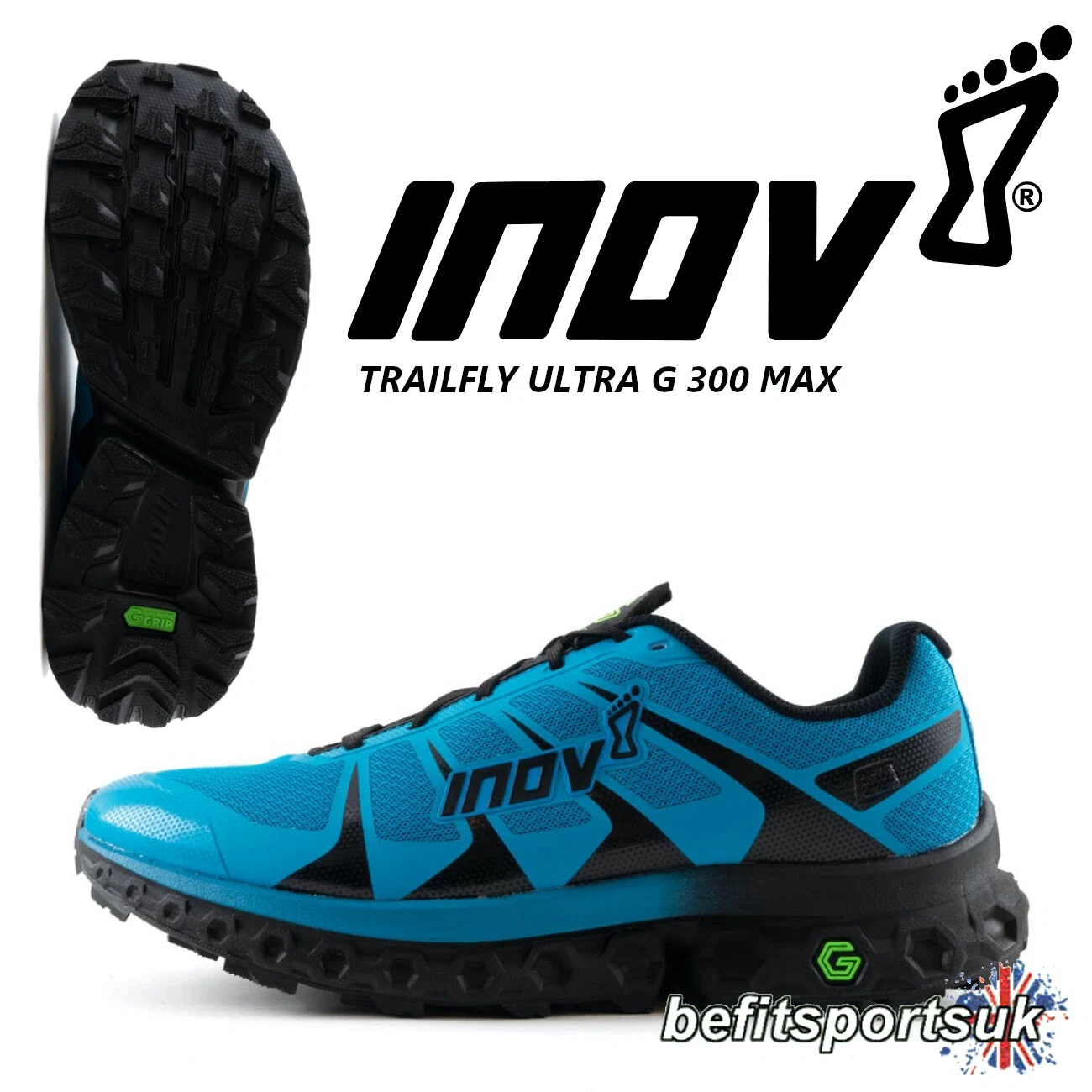 INOV8 TRAIL RUNNING SHOES FLY ULTRA G 300 MENS TRAIL OFF-ROAD GRIP BLUE