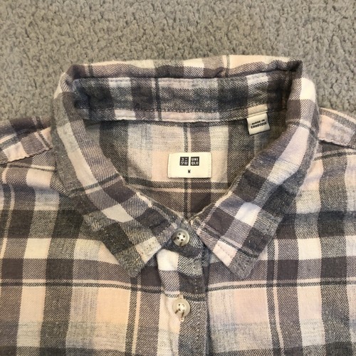 Uniqlo Shirt Women’s Medium Pink Gray Plaid Button Up Long Sleeve - Picture 8 of 13