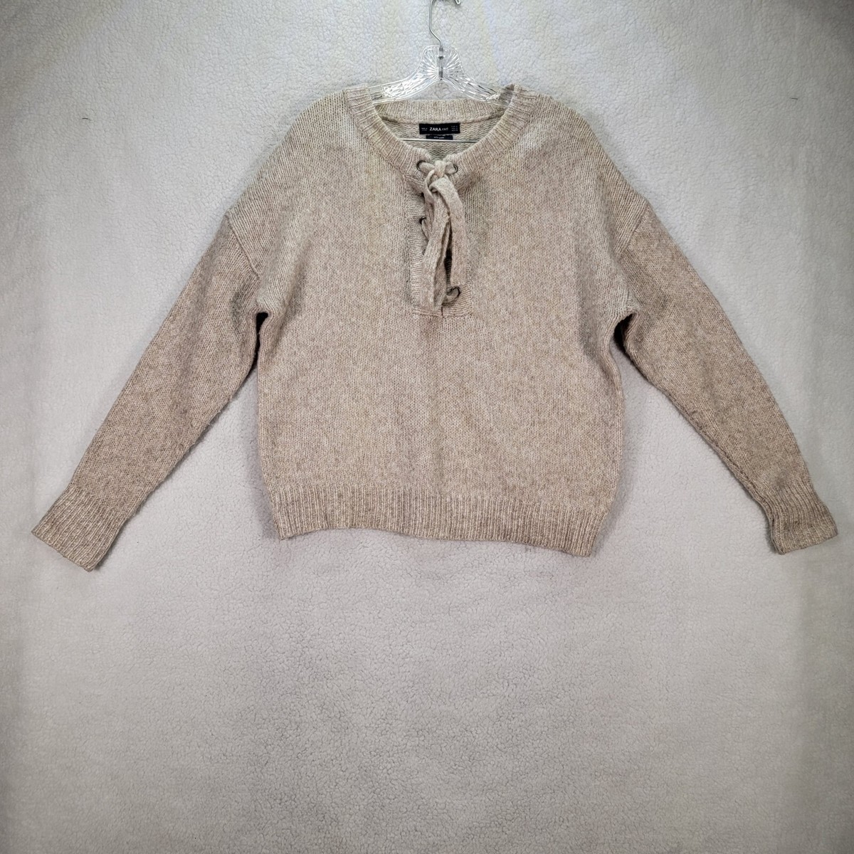 Zara Knit Women Sweater Size S Beige Wool Blend Strap Lace Up 