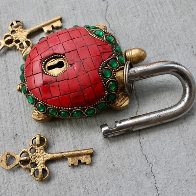 Vintage Solid Brass Padlock Antique lock and key Rustic Turtle Tortoise ...