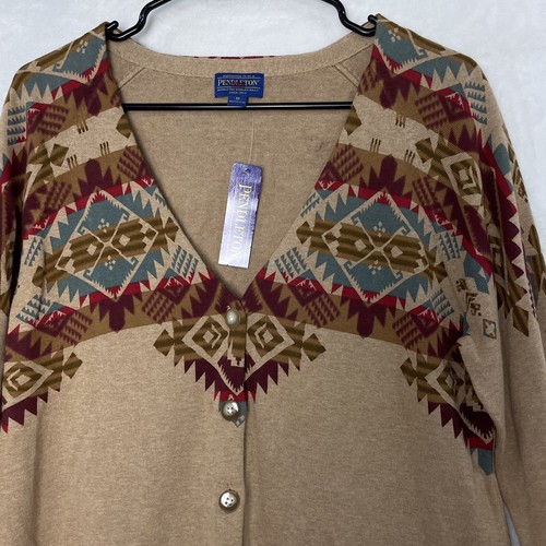 PENDLETON Cardigan Women's M Southwestern Navajo Cotton Aztec Boho Tan Sweater - Picture 3 of 10