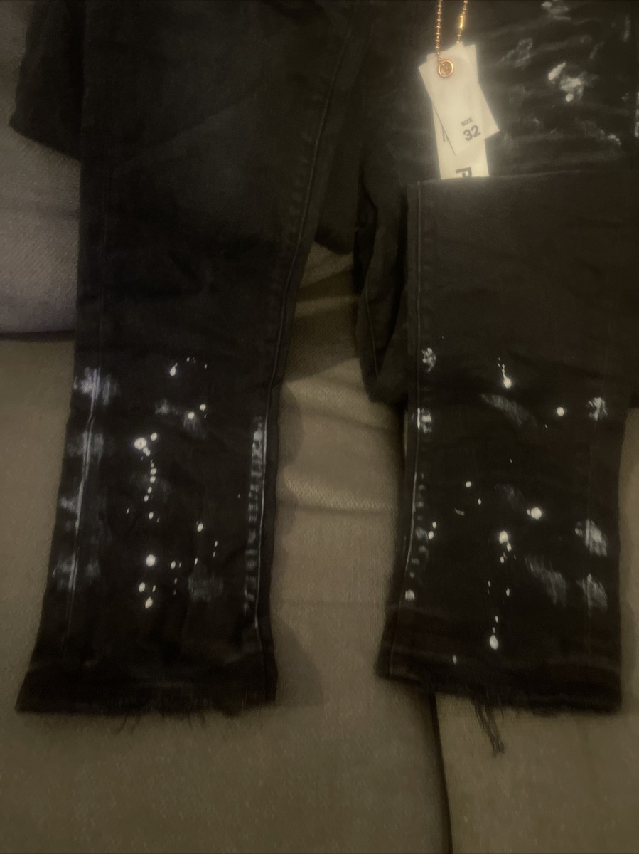 Purple Brand Jeans 32 Men Black Cow Leather Patch Paint Splatter