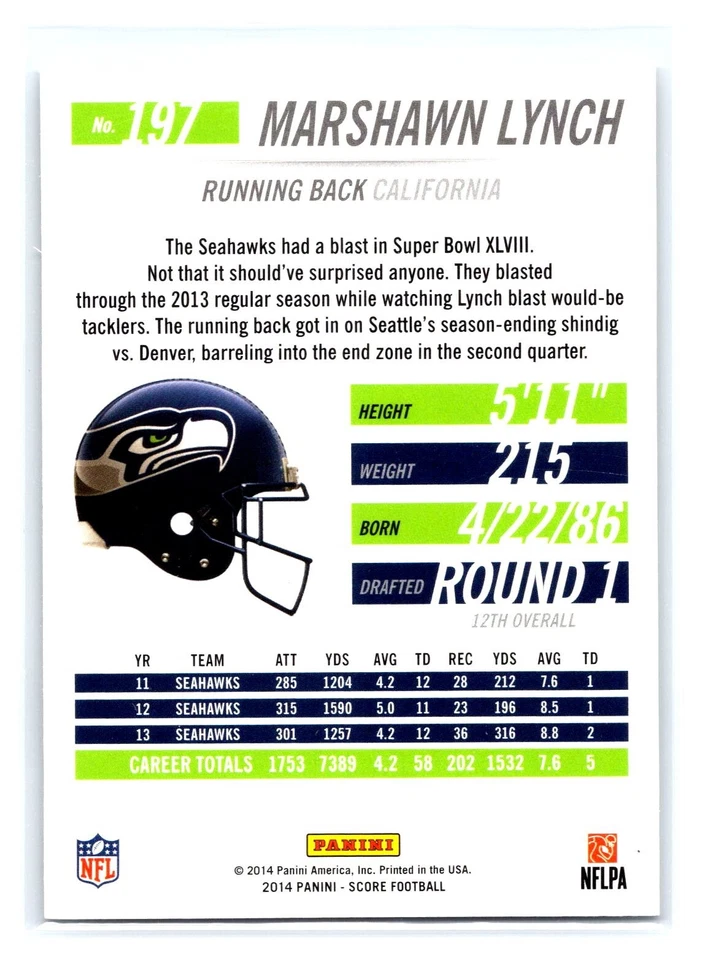 2014 Panini Score Hot Rookies #197 Marshawn Lynch Seattle Seahawks - Image 2 of 2