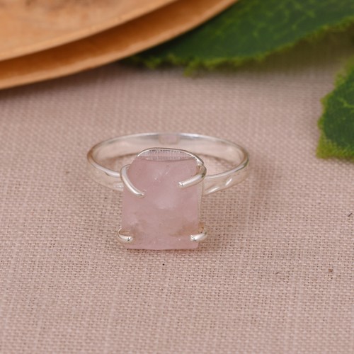 Natural Rose Quartz Four Claw Ring Sterling Silver Engagement Ring Gift For Her - Picture 4 of 9