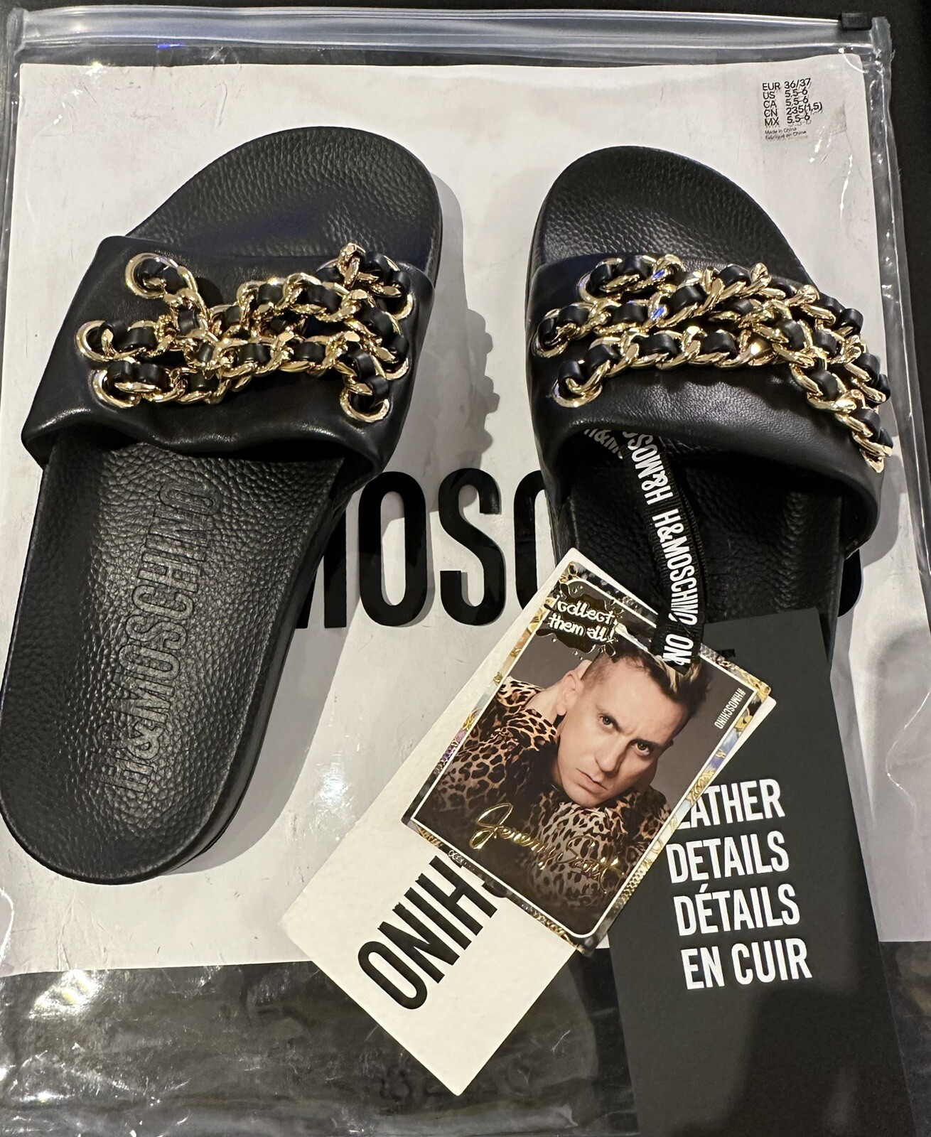 NEW MOSCHINO FOR H&M LEATHER SLIDES SLIPPERS BLACK GOLD CHAINS US 5.5-6 EUR36/37 image 2