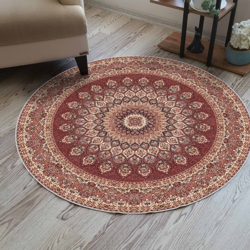 Round Red Oushak Rug, Turkish Floral Rug, Burgundy Bohemian, Mandala Rust Cream - Picture 3 of 4
