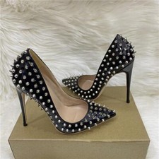 Womens Faux Leather Studded Rivets High Heels Pointed Toe Shoes Club Party Pumps