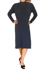 BITTE KAI RAND NAVY RIB KNIT PLEATED SWEATER SHIFT WOOL MIDI DRESS LONG SLEEVE M