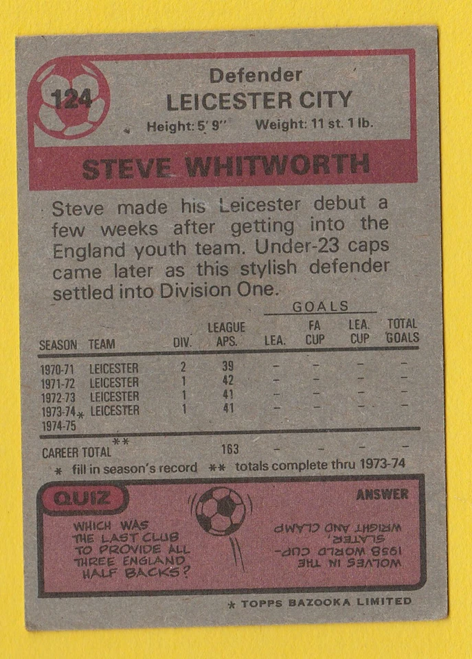 Topps Football Red & Grey Back 1975 #124 - Leicester City - Steve Whitworth - Image 2 of 2