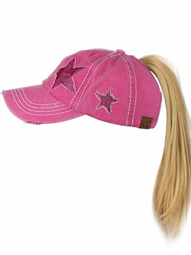 C.C Ponycap Messy High Bun Ponytail Adjustable Glitter Star Distressed Baseball - Picture 25 of 38